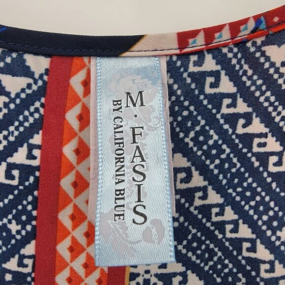 M Fasis By California Blue Blouse Women's Size 1X Colorful Split Back Semi Sheer - Picture 8 of 10